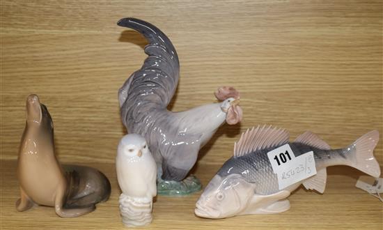 A collection of Royal Copenhagen - fish, animals and birds cockerel 19cm